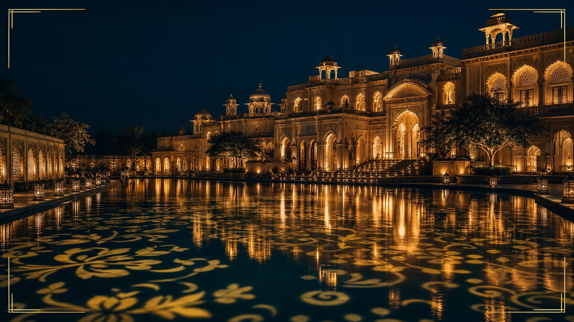Palace lit by projection mapping reflected in water